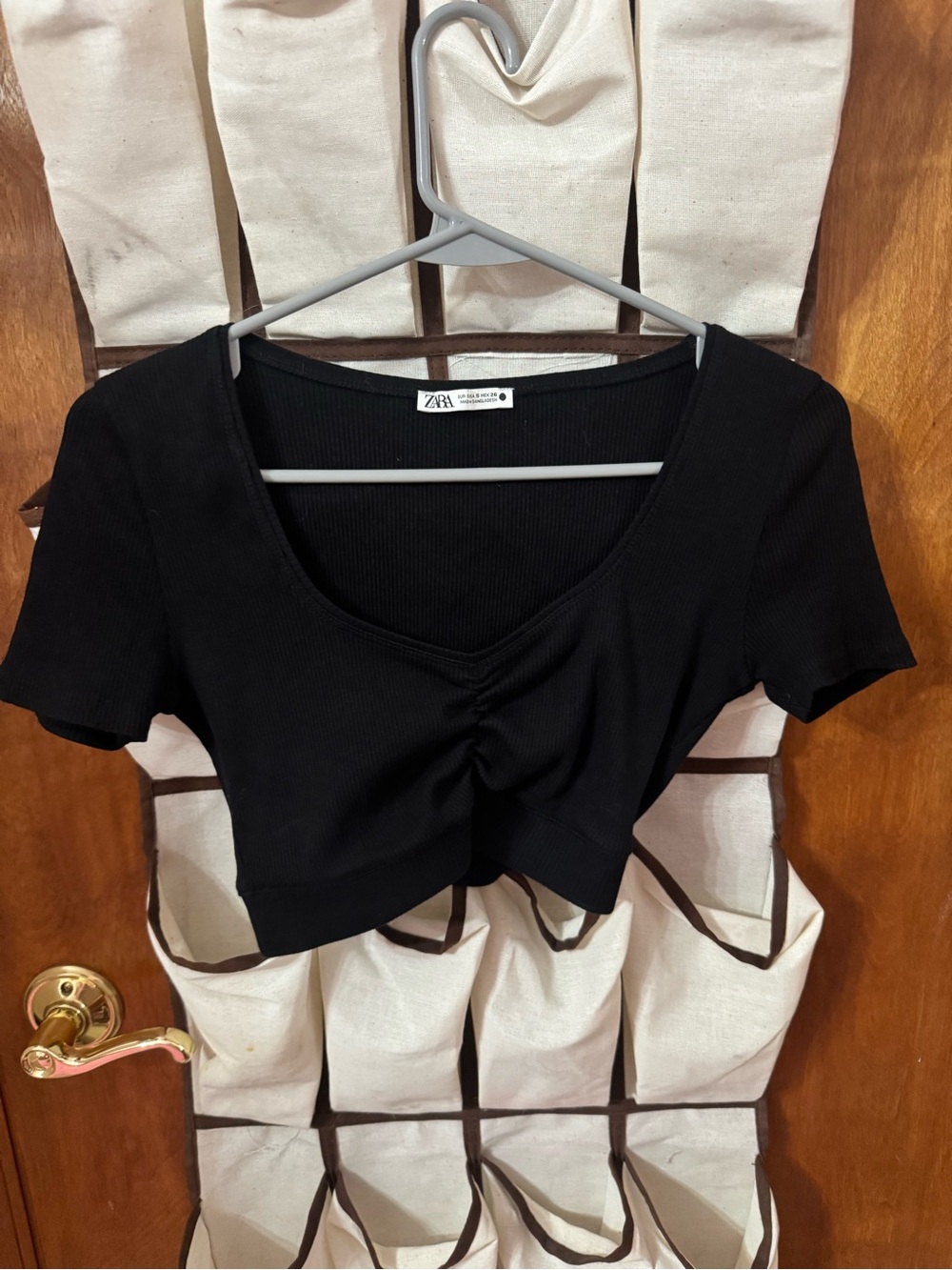 Zara Black Ruched Scoop Ribbed Crop Top